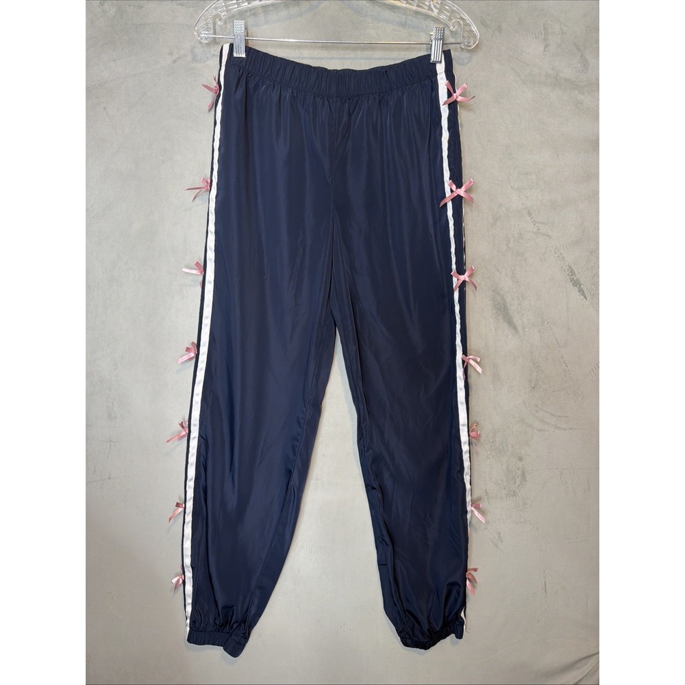 Edikted Womens M Navy Track Pants Pink Bow Side Stripe Parachute Y2K Joggers
